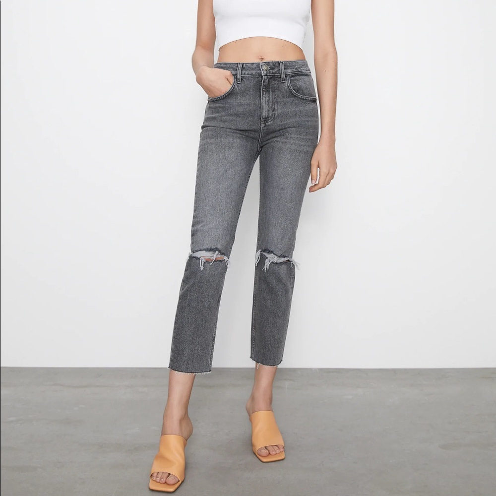 Zara Slim Straight High Rise Ripped Jeans